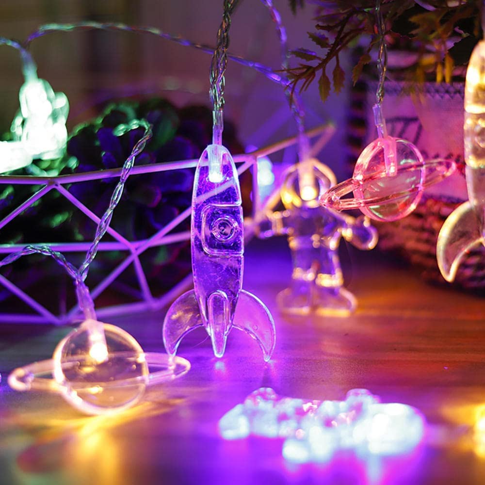 Lichterkette, Kreative Lichterkette mit Astronauten-Raumschiff und Rakete, batteriebetriebene Dekolampe fürs Kinderzimmer, for die Feiertage(Colorful,9.8FT(20LED))