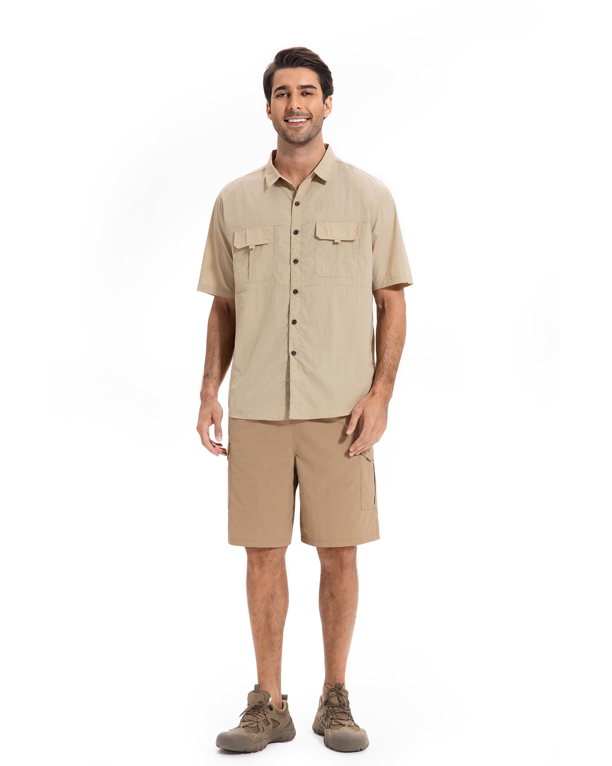 AMZSPORT Camicia da Uomo Funzionale A Maniche Traspirante con Bottoni Escursionismo Outdoor Protezione UV per Esterni, Sport, Tempo Libero, Pesca