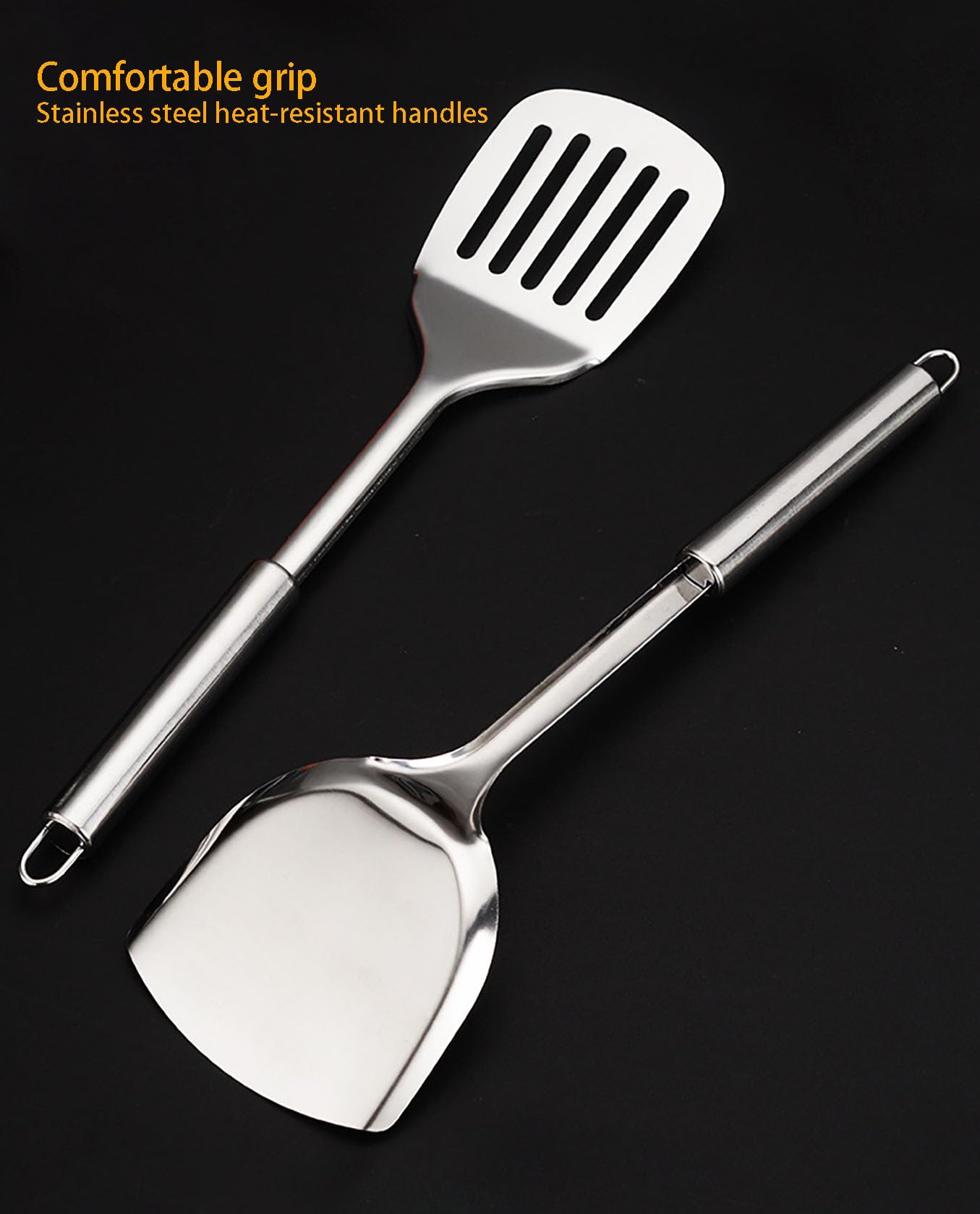 Set di 11 utensili da cucina in acciaio inox, utensili da cucina professionali con manici resistenti al calore, finitura lucida, design con foro per appenderlo, include spatole, cucchiai scanalati