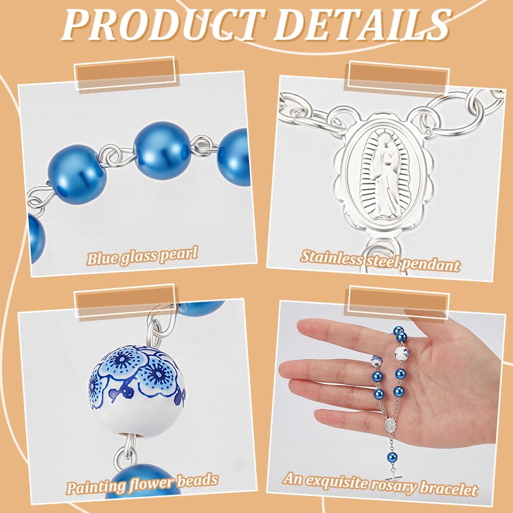 Ensemble de 50 pièce pour Cadeaux de Baptême Mini Chapelets de Baptême Perles de Chapelet pour les Doigts avec 50 sachet Cadeau en Organza et une Carte de Remerciement en Papier(Bleu)