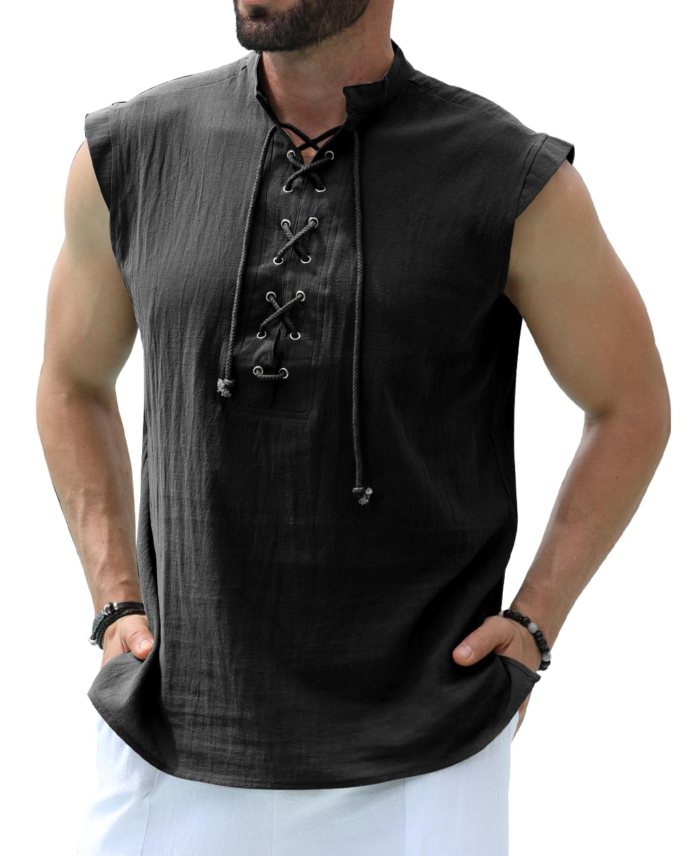 YAOBAOLE Camicia in Lino Uomo San Maniche Deguisement Medieval Vintage Lacci Tunica Viking Costume Pirata