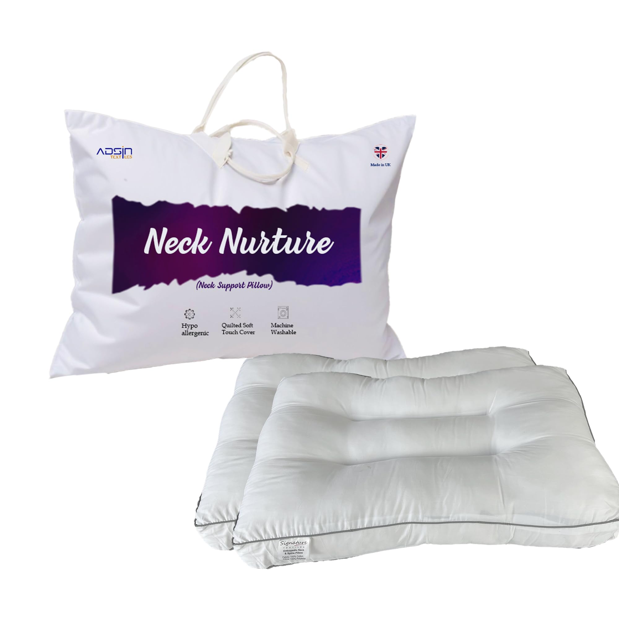Adsin White Ergonomic Neck-Spine Support Pillow (Pack-2) Cervical & Orthopedic Pillow For Pain Relief, Side Sleeper For Neck & Shoulder Pain, Better Sleep And Spinal Alignment, Side Back Stomach Sleeper