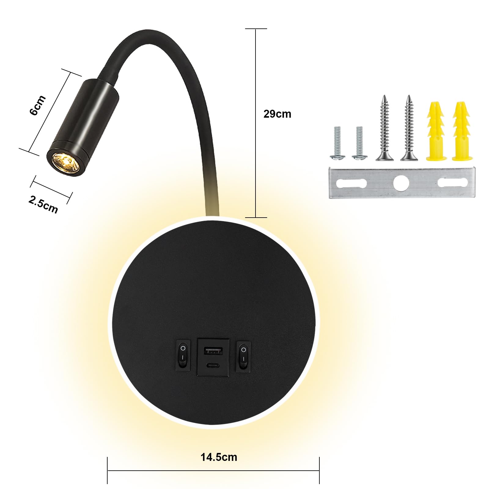 LED lámpara de pared mesita de noche 12 W LED spot regulable 3 W + 9 W 3000 K luz cálida (carga USB negro)