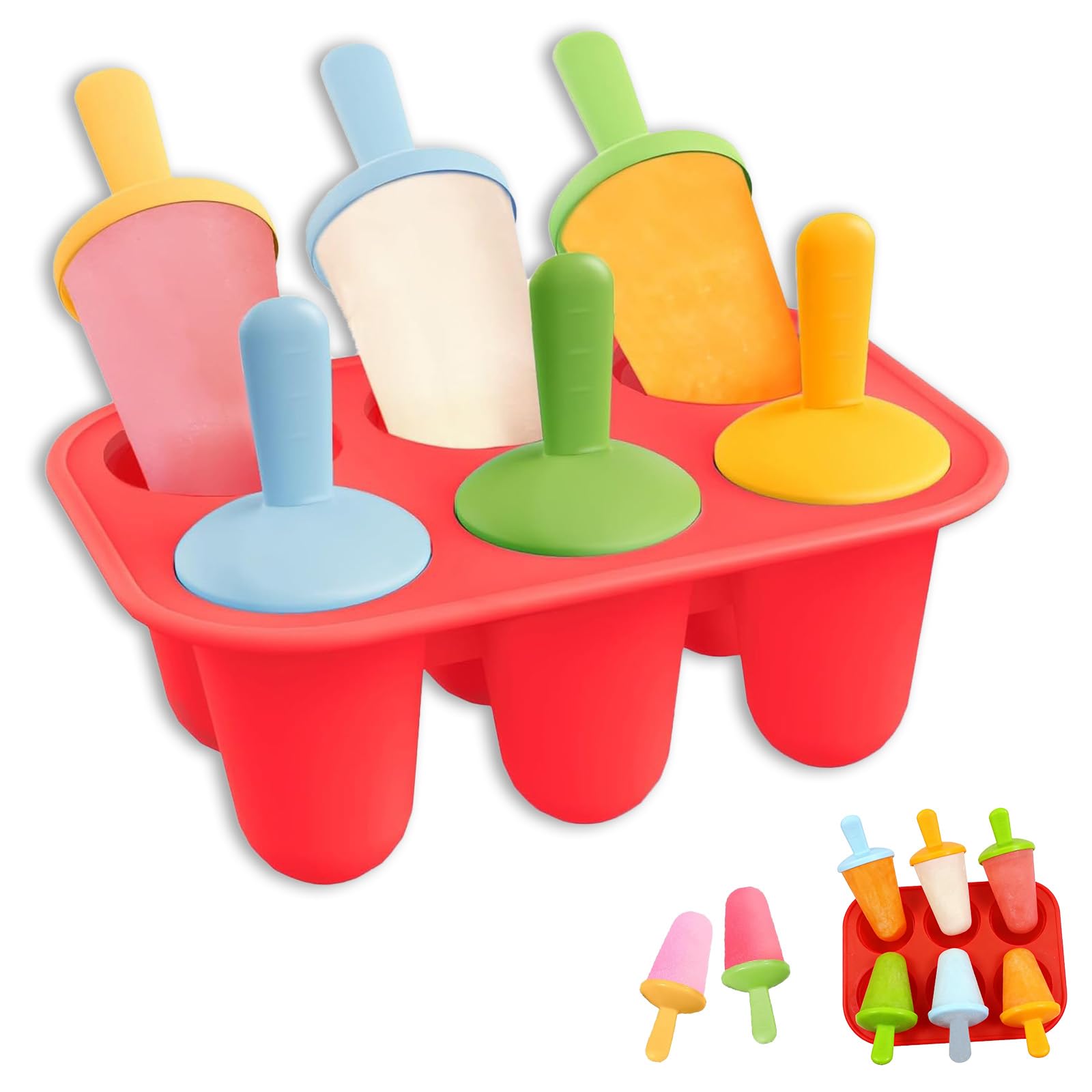 6 Cavity Colorful Ice Lolly Moulds Silicone, Homemade Frozen Ice Lolly Moulds with Sticks, Non-Stick Silicone Moulds for Summer DIY ICES Snacks and Refreshing Desserts