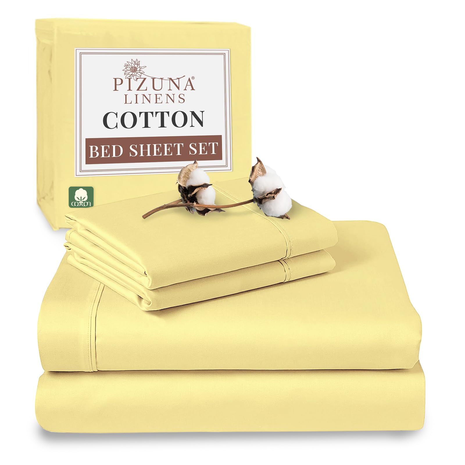 Pizuna Mellow Yellow 100% Cotton Super King Bed Sheet Set 400 Thead Count Long Staple Cotton Bedding Set 300X280 Cm, Soft Sateen 4 Pc King Bed Sheet Set -Fitted Sheet, Flat Sheet & 2 Pillowcases