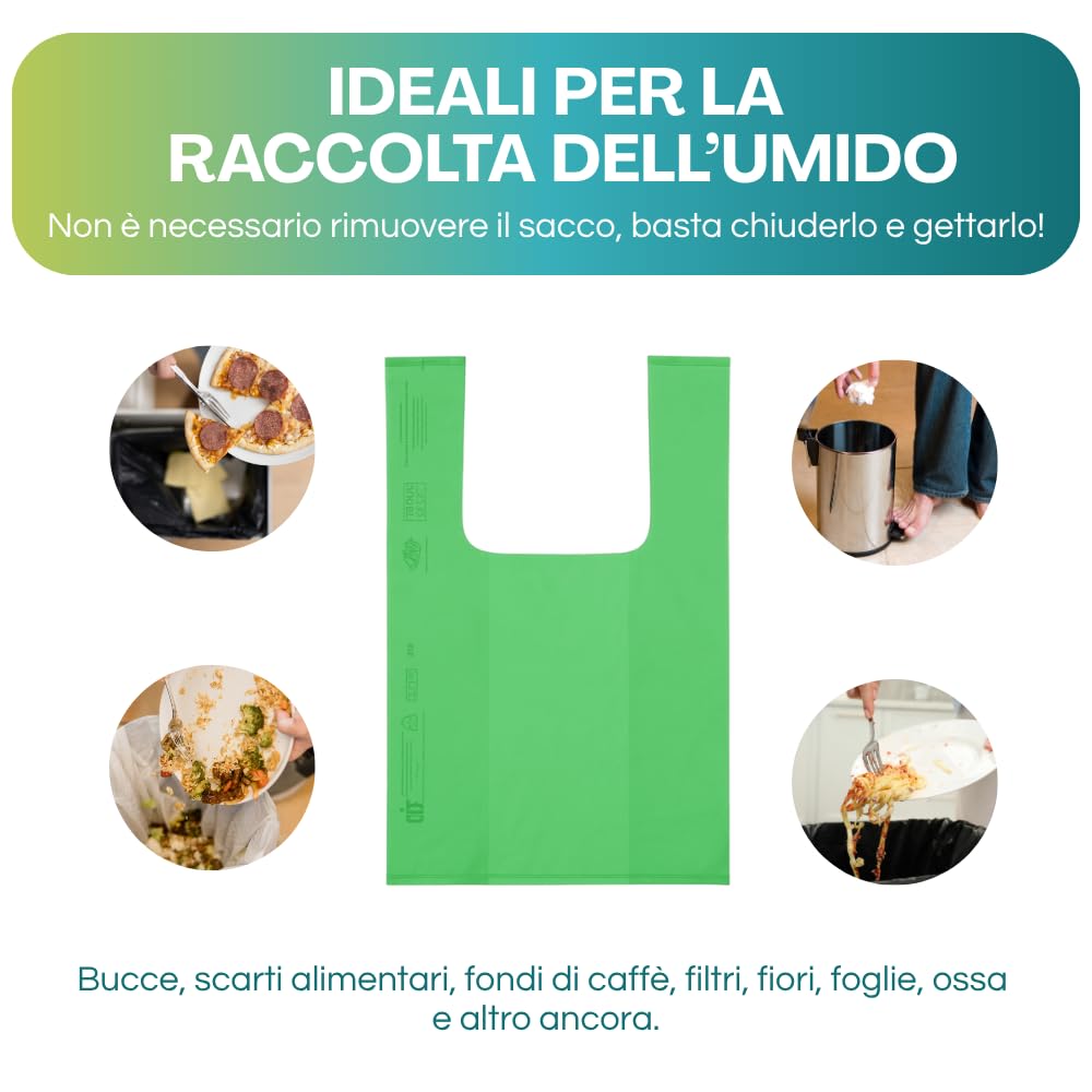 Palucart® 375 Sacchetti Biodegradabili f.to 55 x 68 da 30 Litri, Sacchi Raccolta Umido Salvagoccia con Manico lungo, 25 Rotoli da 15 Sacchi Organico compostabili e biodegradabili colore verde - M