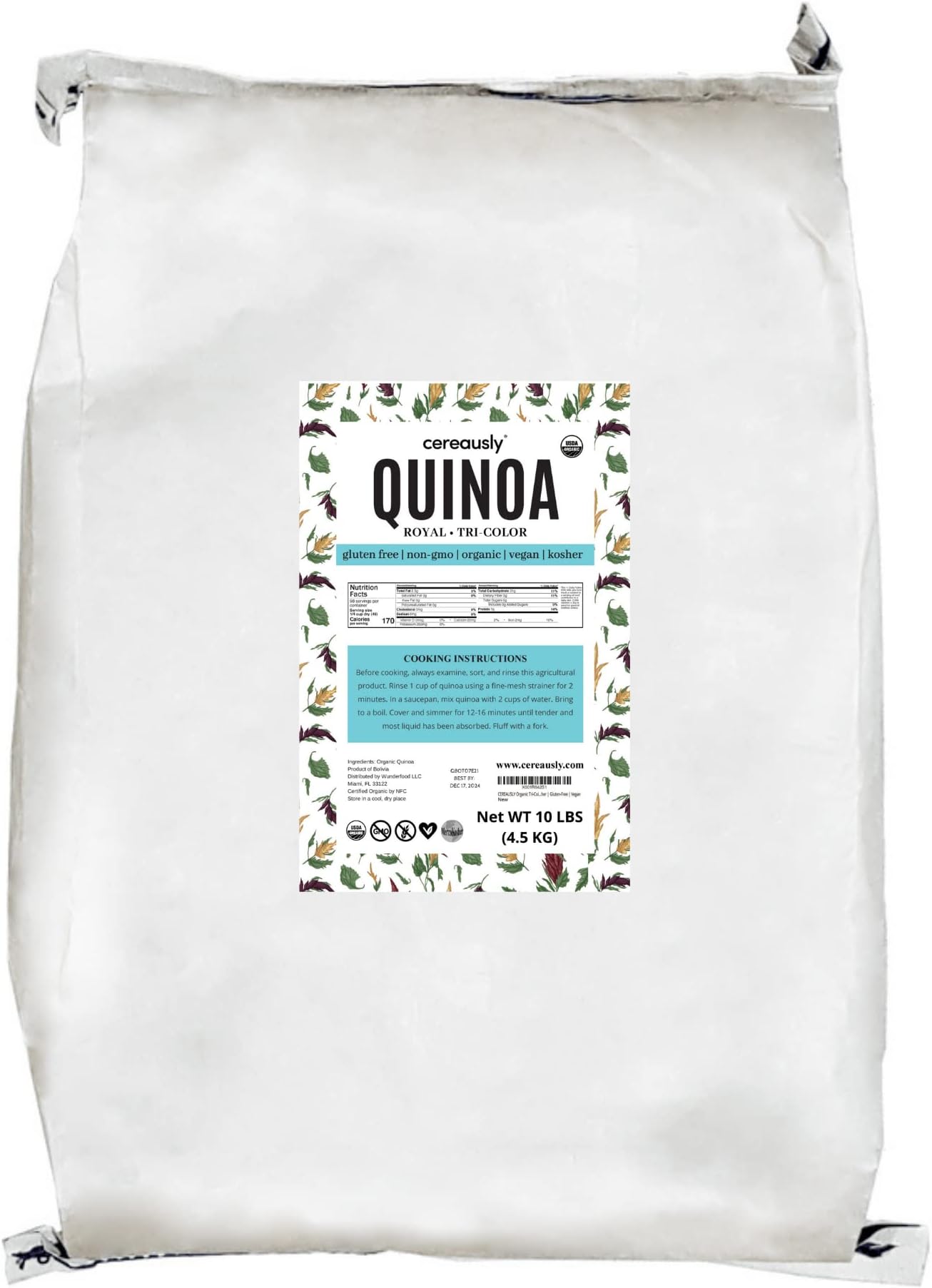 CEREAUSLY Organic Tri-Color Quinoa – Premium Royal Quinoa from Bolivia – Kosher and Non-GMO Quinoa Bulk – Vegan and Gluten-Fee Cooking Quinoa – 10 LB