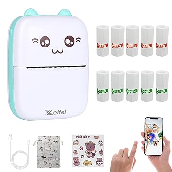 ZEITEL Mini Bluetooth Thermal Printer, Portable Label Printer Inkfree Printer for Android & iOS System, Black on White Thermal Printer with 10 Roll of Print Paper, Stickers, Blue