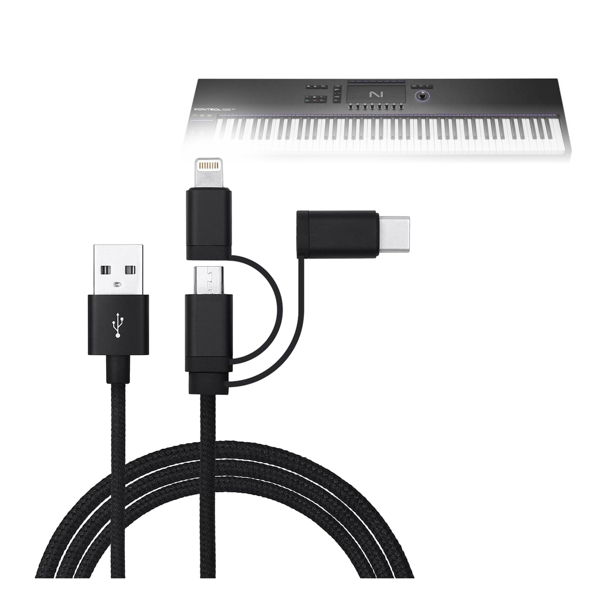 BoxWave Cable Compatible with Native Instruments Kontrol S88 MK3 - AllCharge 3-in-1 Cable - Jet Black