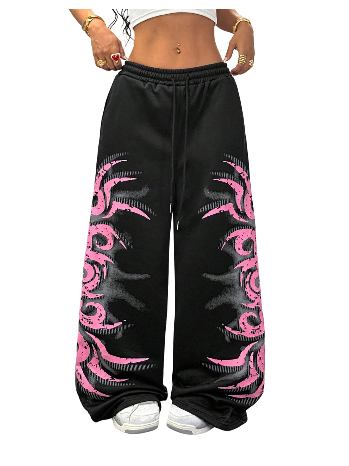Verdusa Womens Graphic Baggy Sweatpants Drawstring Lightweight Wide Leg Trousers