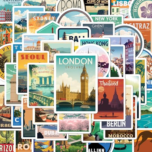 BEATRI World Travel Stickers 50Pcs Waterproof Vinyl Travel Map Stickers for Suitcase Bicycle Laptop Water Bottle Journaling & Travel Gear | Non-Repeating Decals High-Definition Print