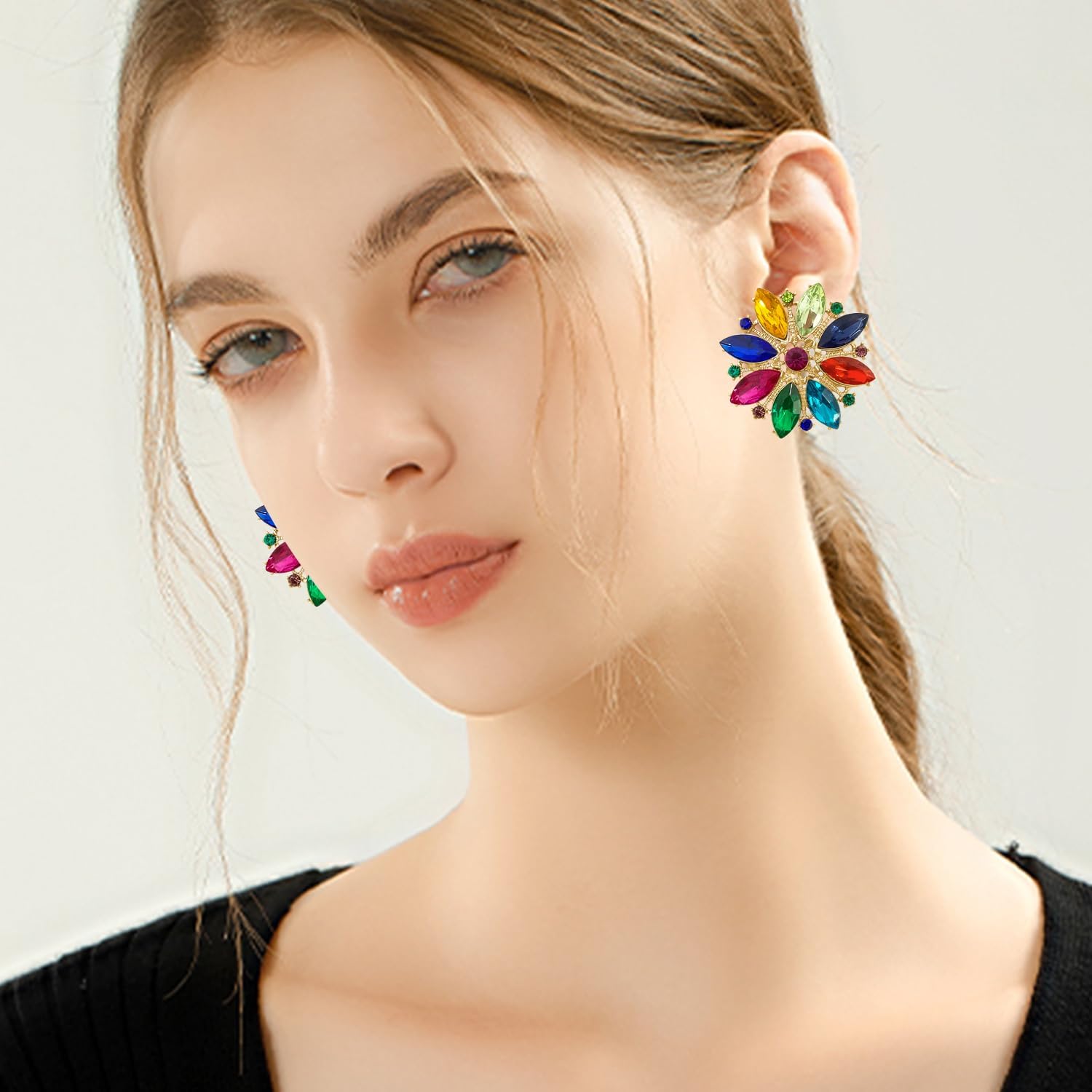 Trendy Colorful Big Round Statement Rhinestone Cluster Leaf Stud Earrings Ethnic Sparkly Vintage Art Deco Iridescent Lotus Snowflower Alloy Stud Earrings for Women Jewelry Gifts - Image 6