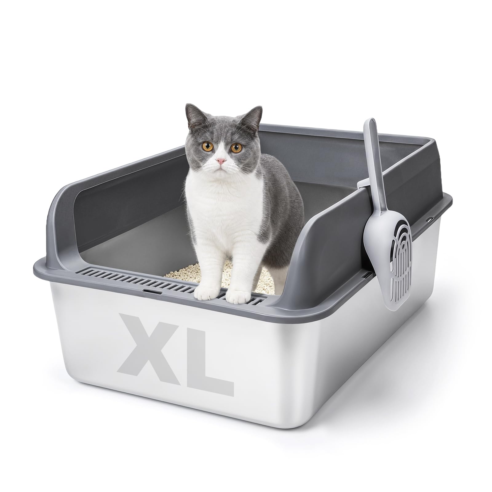 XL Stainless Steel Cat Litter Tray, Extra Large Metal Cat Litter Box for Big Cats, 60x40x17 cm High-Sided, Non-Stick Surface, Includes Litter Scoop