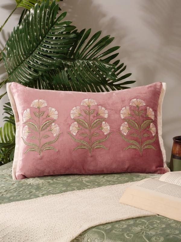 Image of Pink & Green Floral Embroidered Velvet Rectangle Cushion Cover | Elegant Decorative Pillow Cover | Soft Premium Velvet | 12x18 Inch