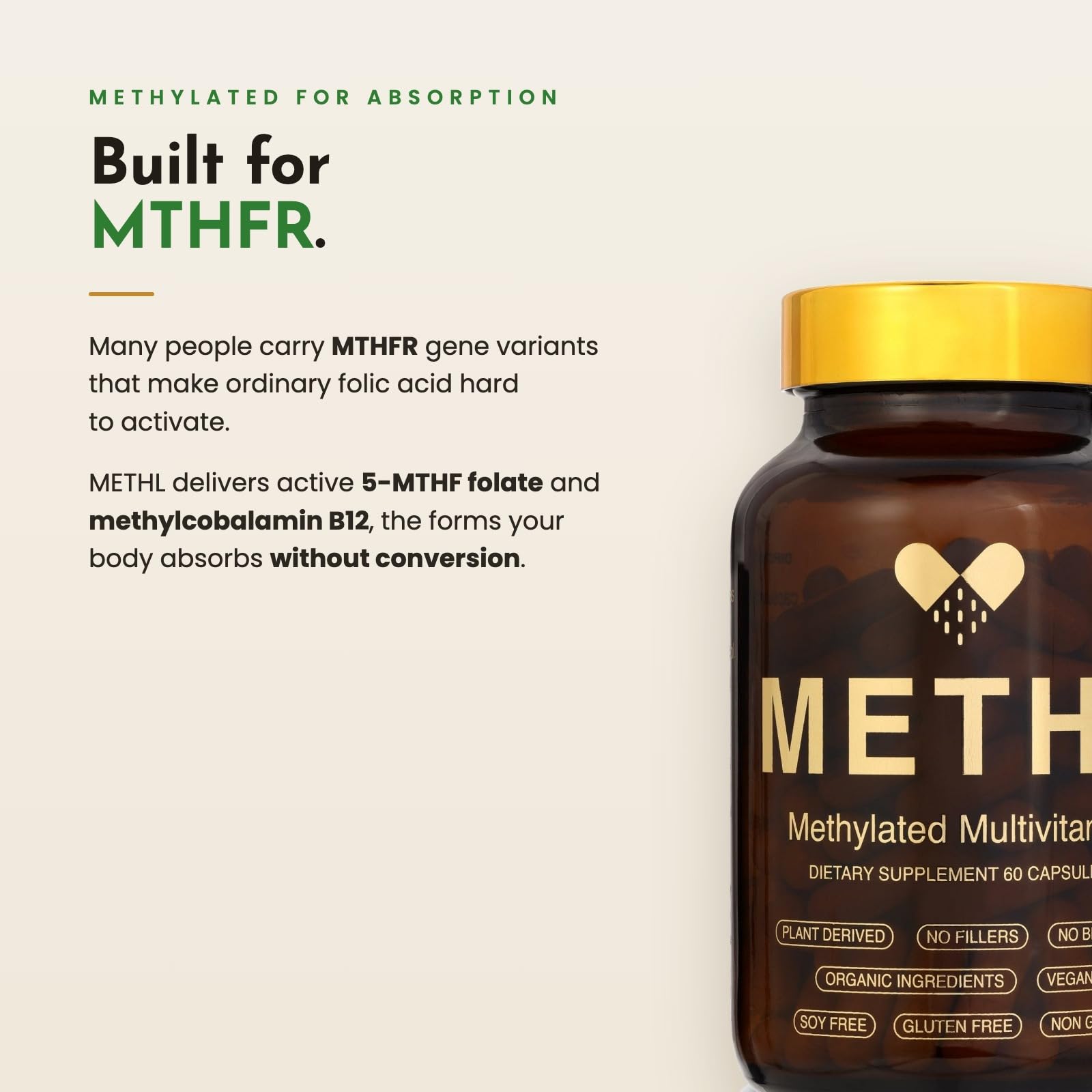 METHL Methylated Multivitamin for MTHFR Support, Active 5-MTHF Folate & Methyl B12, Organic Fermented Greens, Turmeric & Garlic Immunity Blend, Vegan Whole-Food Multi, Energy & Immune, 60 Capsules : Health &