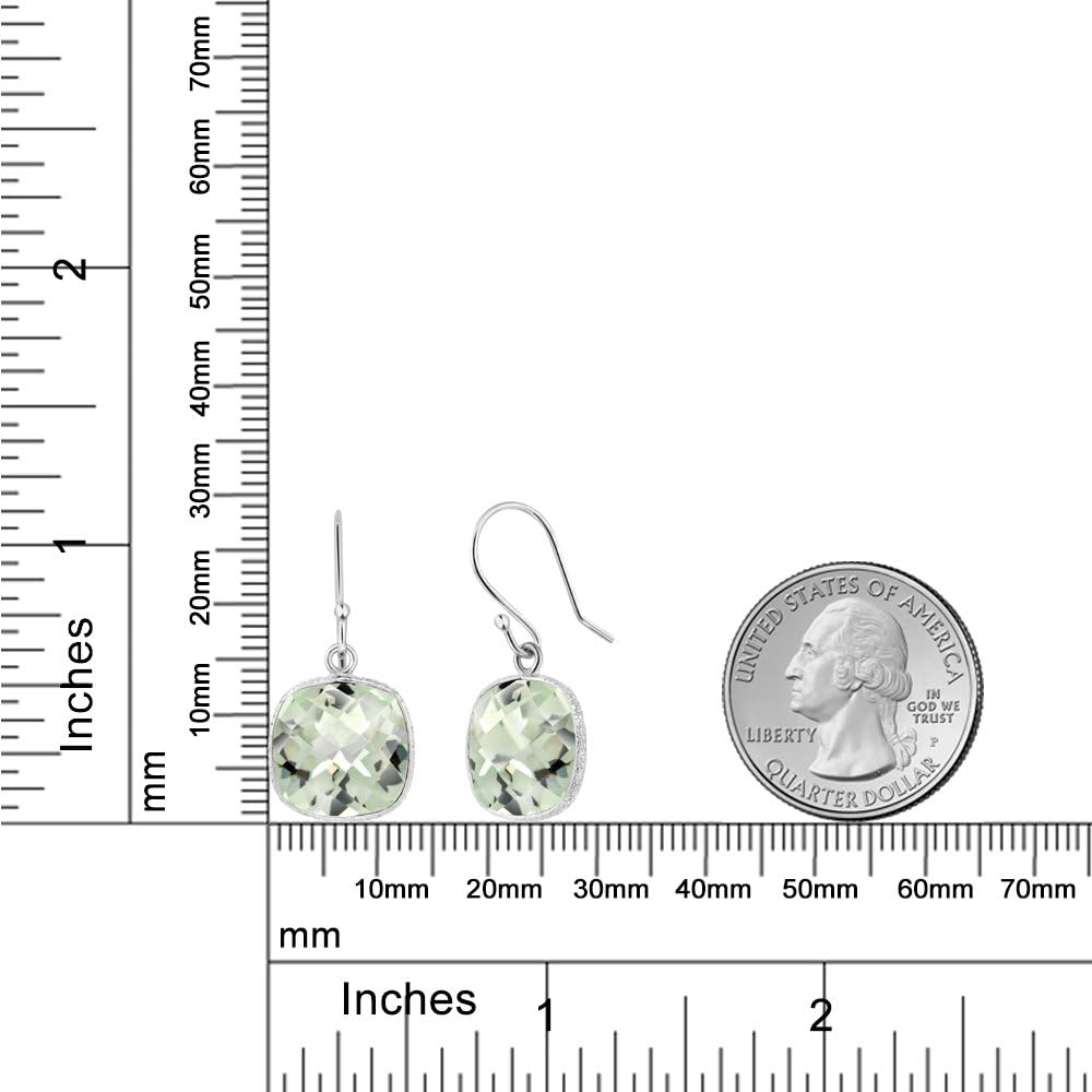 Gem Stone King 12.00 Cttw Green Prasiolite French Wire Dangle Earrings For Women | 12MM Cushion Checkerboard Cut | 925 Sterling Silver | Gemstone Birthstone | 1 Inch