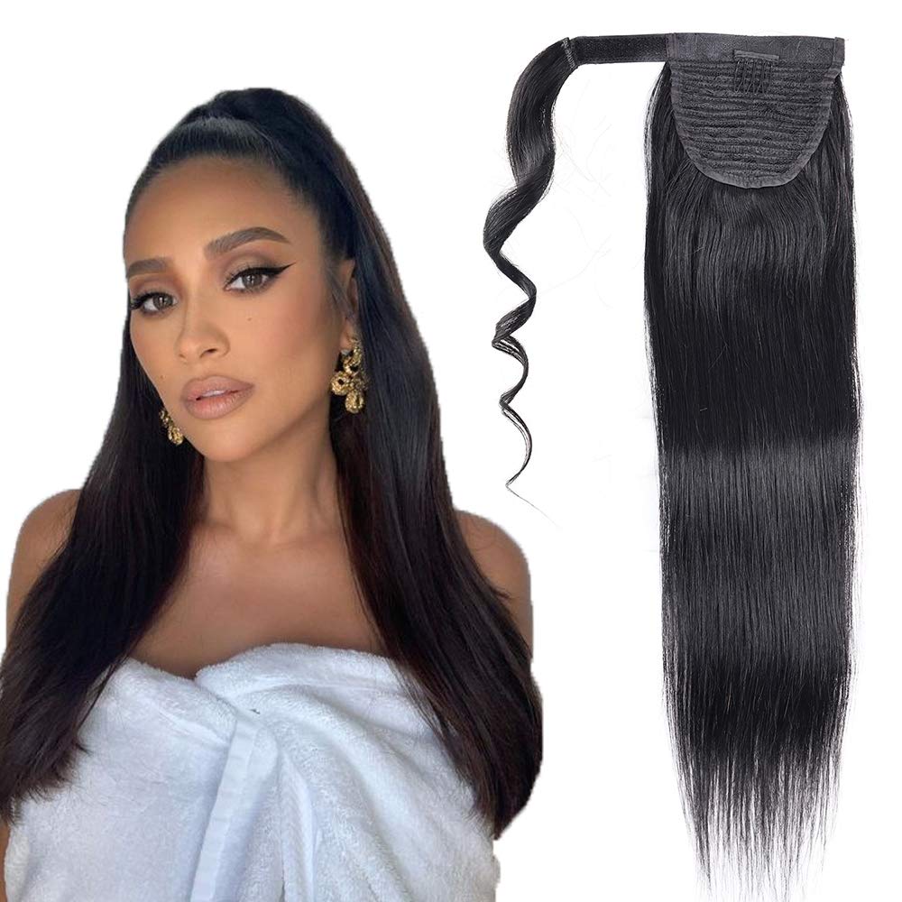 Brazilian Virgin Straight Human Hair Ponytail 100% Remy Hair Magic Tie Ponytail Extension for Black Women Natural Color (16Inch, straight ponytail)