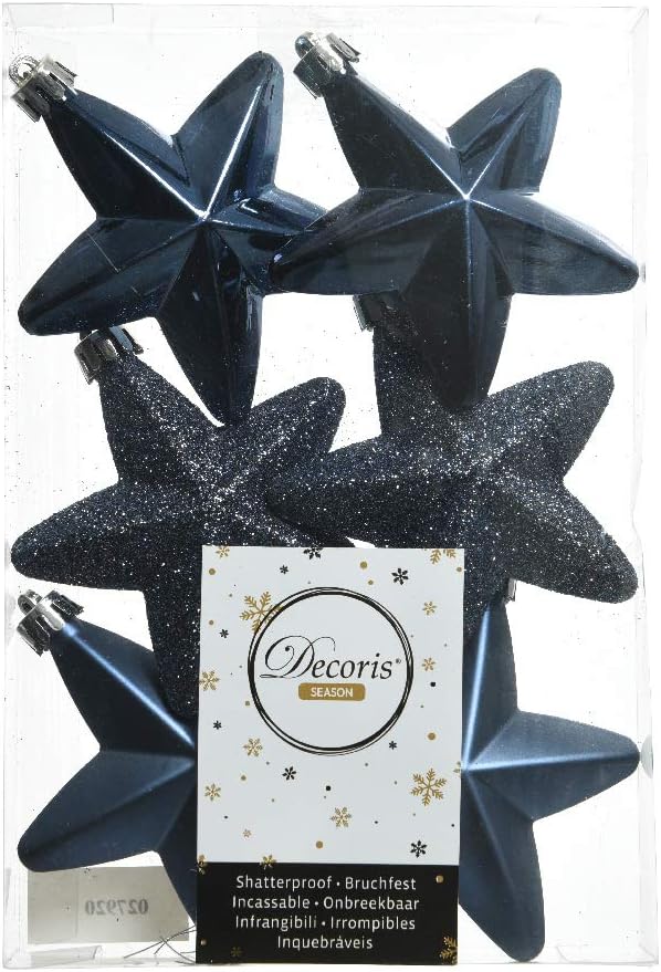 Shatterproof Set of 6 Midnight Blue/Navy Blue STAR Christmas Tree Bauble Decoration - 7.5cm