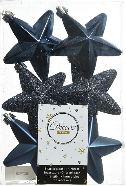 Shatterproof Set of 6 Midnight Blue/Navy Blue STAR Christmas Tree Bauble Decoration - 7.5cm