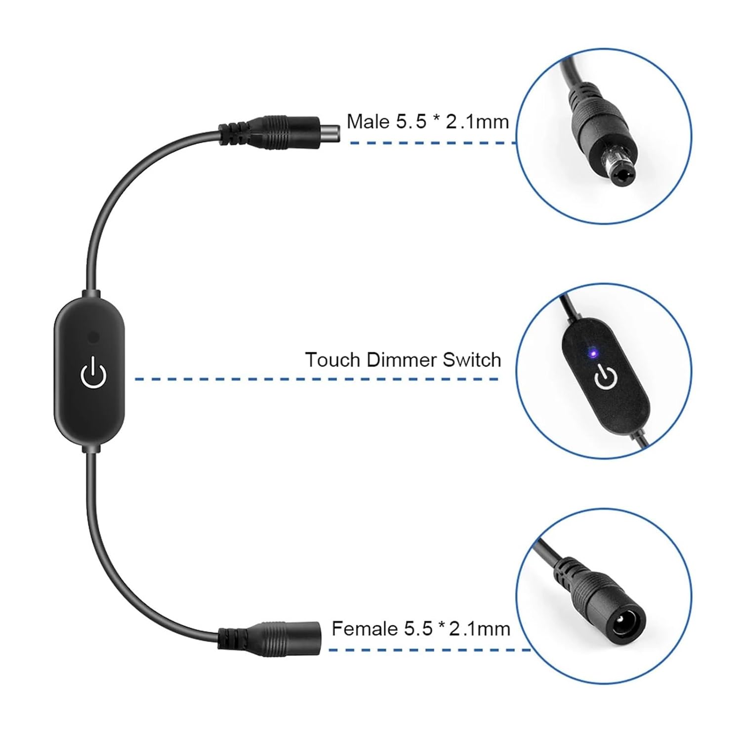 DC12V 5V 3A LED Light with Touch dimmer Switch Brightness dimming Memory Function with DC Plug Suitable for 5050 SMD COB LED Light Strip(Color:White)