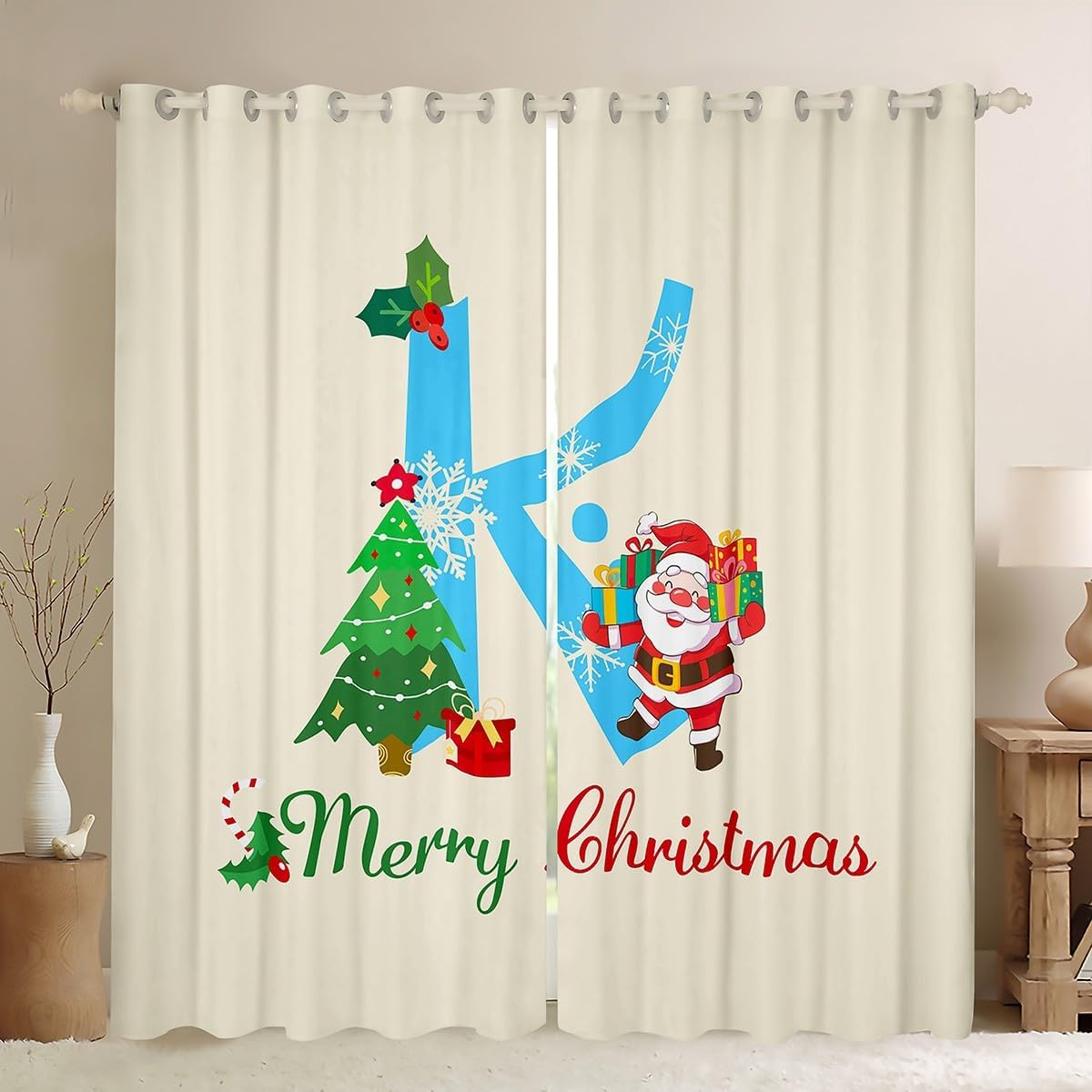 Feelyou Initial Letter K Curtains for Bedroom Living Room Personalized Christmas Blackout Darkening Drapes Cute Santa Claus Window Treatments, 2 Panels 42 x 90 Inch Room Decor