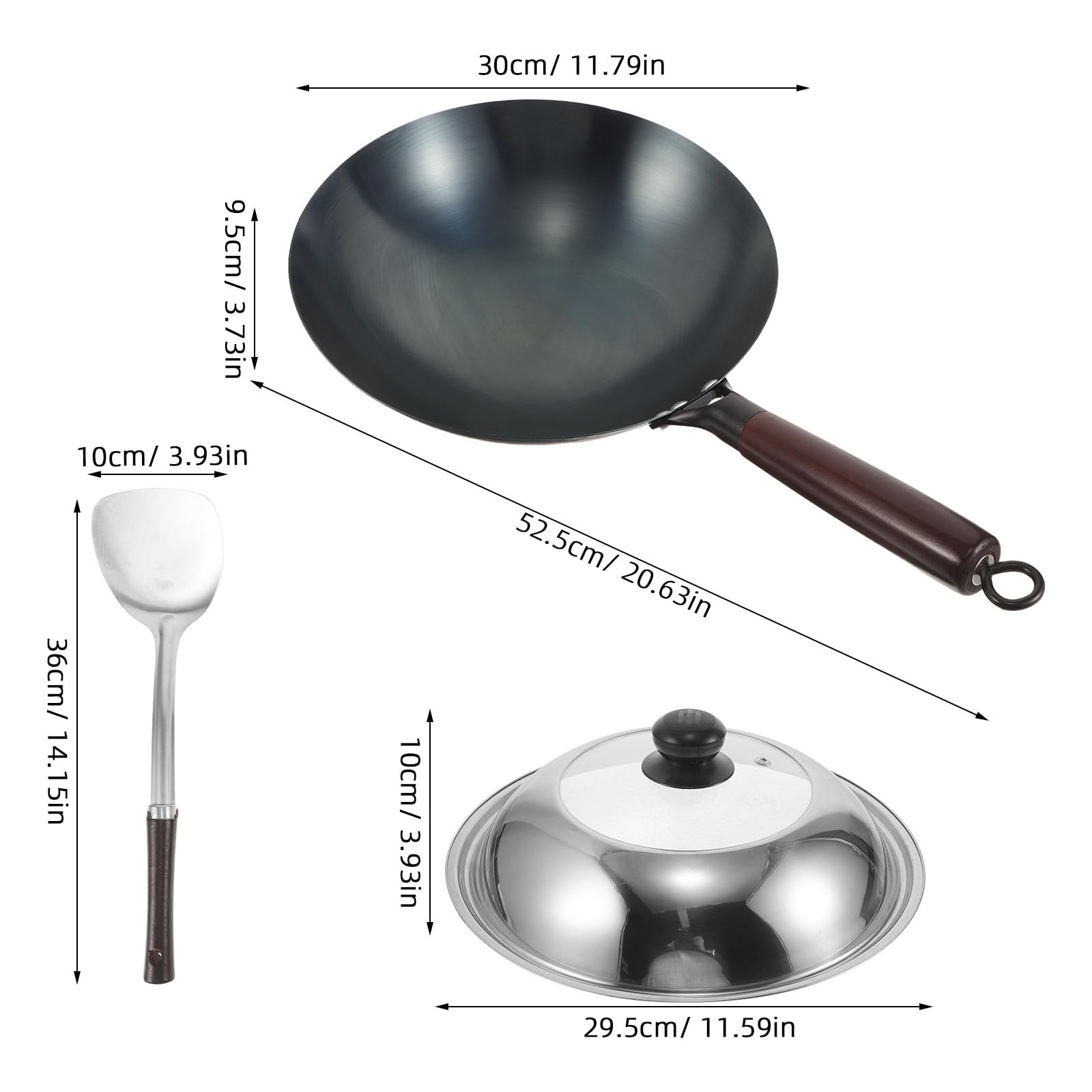 DOITOOL Niepowlekana żeliwna patelnia wok | Ręcznie robiona chińska patelnia do smażenia z pokrywką i szpatułką | Niepowlekany, wytrzymały żeliwny wok z drewnianym uchwytem do kuchenek gazowych