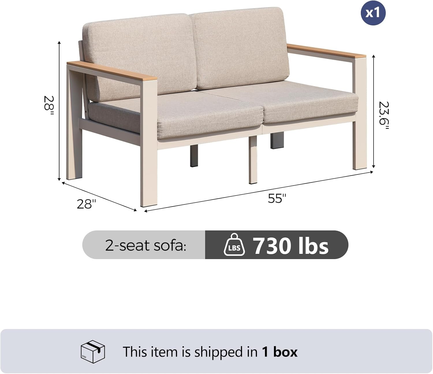 Outdoor Loveseat, Aluminum Patio Sofa with Deep Seating Cushions, Waterproof Outdoor Couch for Porch, Balcony, Backyard, Beige