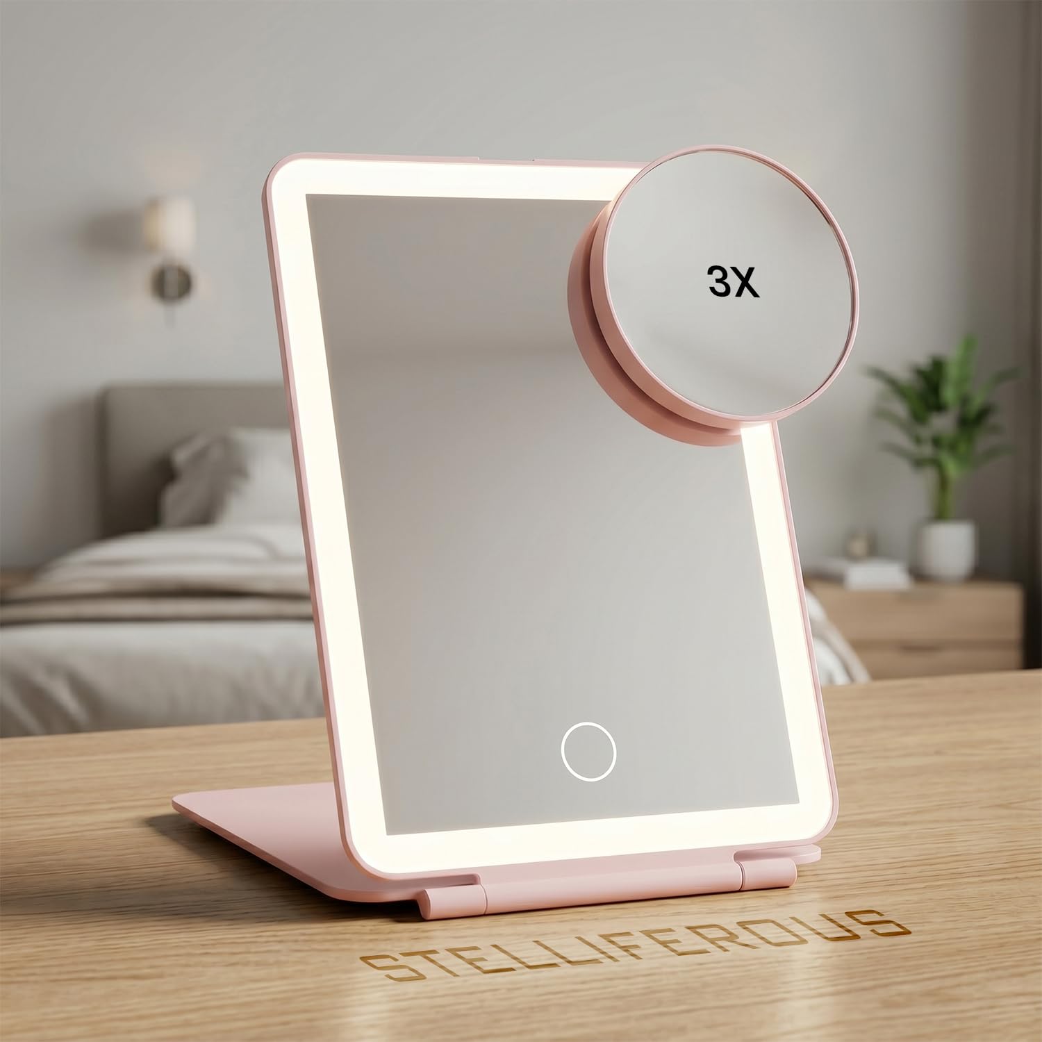 STELLIFEROUS Lighted Makeup Plastic Frame Mirror|Portable Monochromatic Vanity Mirror With Adjustable Lighting Rechargable With Usb Micro-B Connector (Misty Rose, Framed, Tabletop Mount, Rectangular)-image-23