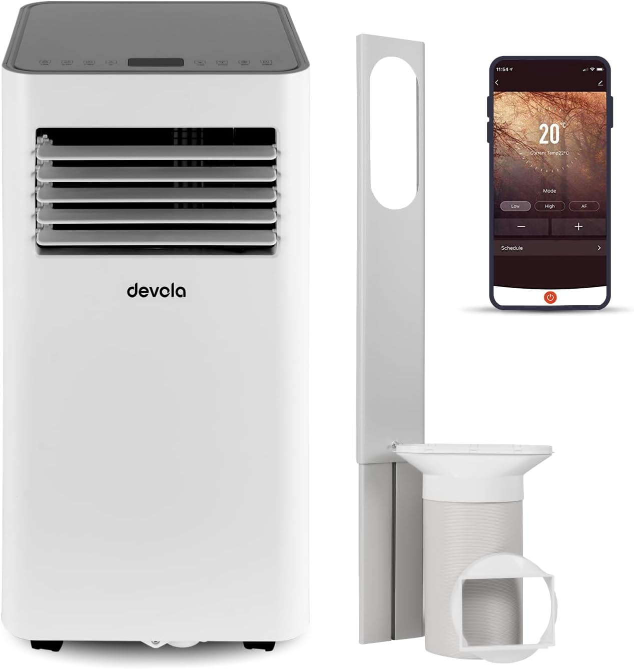 Devola 4-in-1 WiFi Air Conditioning Unit 10000 BTU, Portable Air Conditioner & Dehumidifier, With 2 Window Kits Included, Fan only mode, Cooling, Timer & Dehumidifying Functions