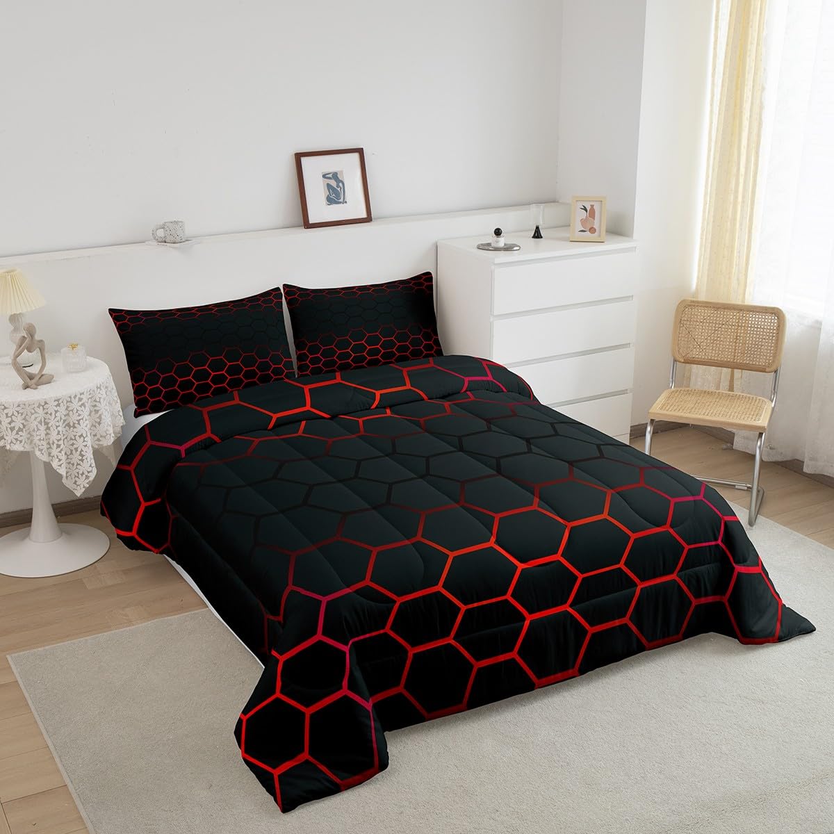 Red and Black Honeycomb Comforter Full Size for Boys Girls, Geometry Honeycomb Comforter Set Ombre Honeycomb Bedding Set Beehive Hexagon Duvet Set 3Pcs