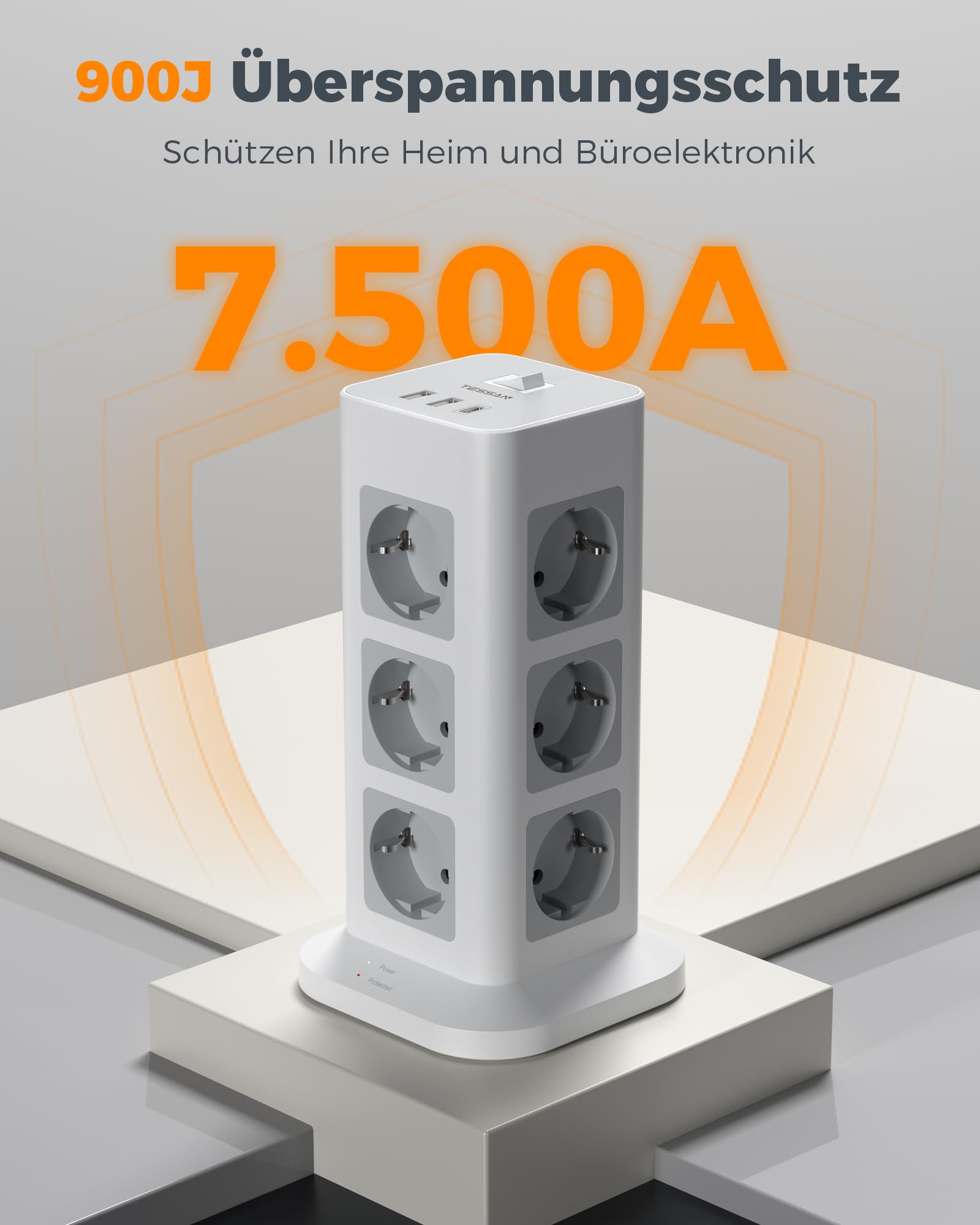 TESSAN Regletas Enchufes con 1 USB C y 2 USB A, regleta 12 enchufes, 10M | Proteccion Sobretension, Interruptor Individual, 15 en 1 Torre Multiple 3600W, Gris, Alargador 10M