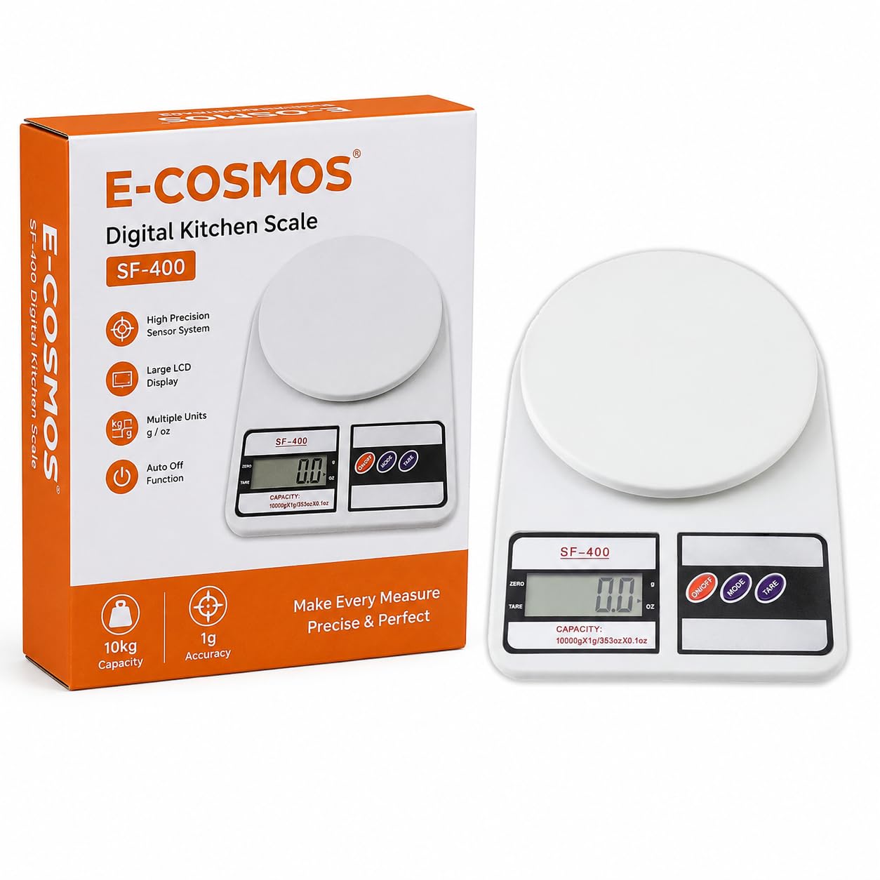 E-COSMOS® SF-400 Digital Food Scale for Kitchen - 10kg x 1g High Precision Weight Machine for Cooking, Baking, and Meal Prep, Large LCD Display, Portable Electronic Scale (White)