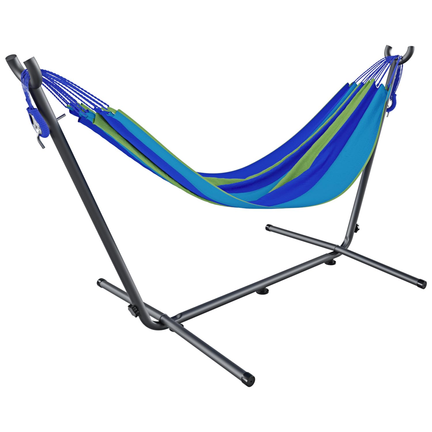BRICOZONE Amaca con Supporto Brasiliana Tessuto Cotone 250 cm Portata 200 kg Autoportante Struttura di sostegno in Acciaio Borsa Custodia Trasporto Inclusa Spiaggia Campeggio Terrazzo Balcone (Blu)