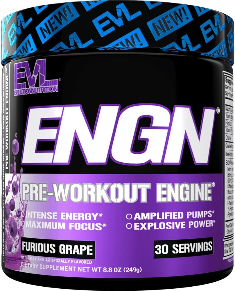 EVL Intense Pre Workout with Creatine - ENGN Energizing Pre Workout for Men Powder Drink for Lasting Energy Focus and Recovery - with Beta Alanine Caffeine and L Theanine - Furious Grape - Image 1 of 5