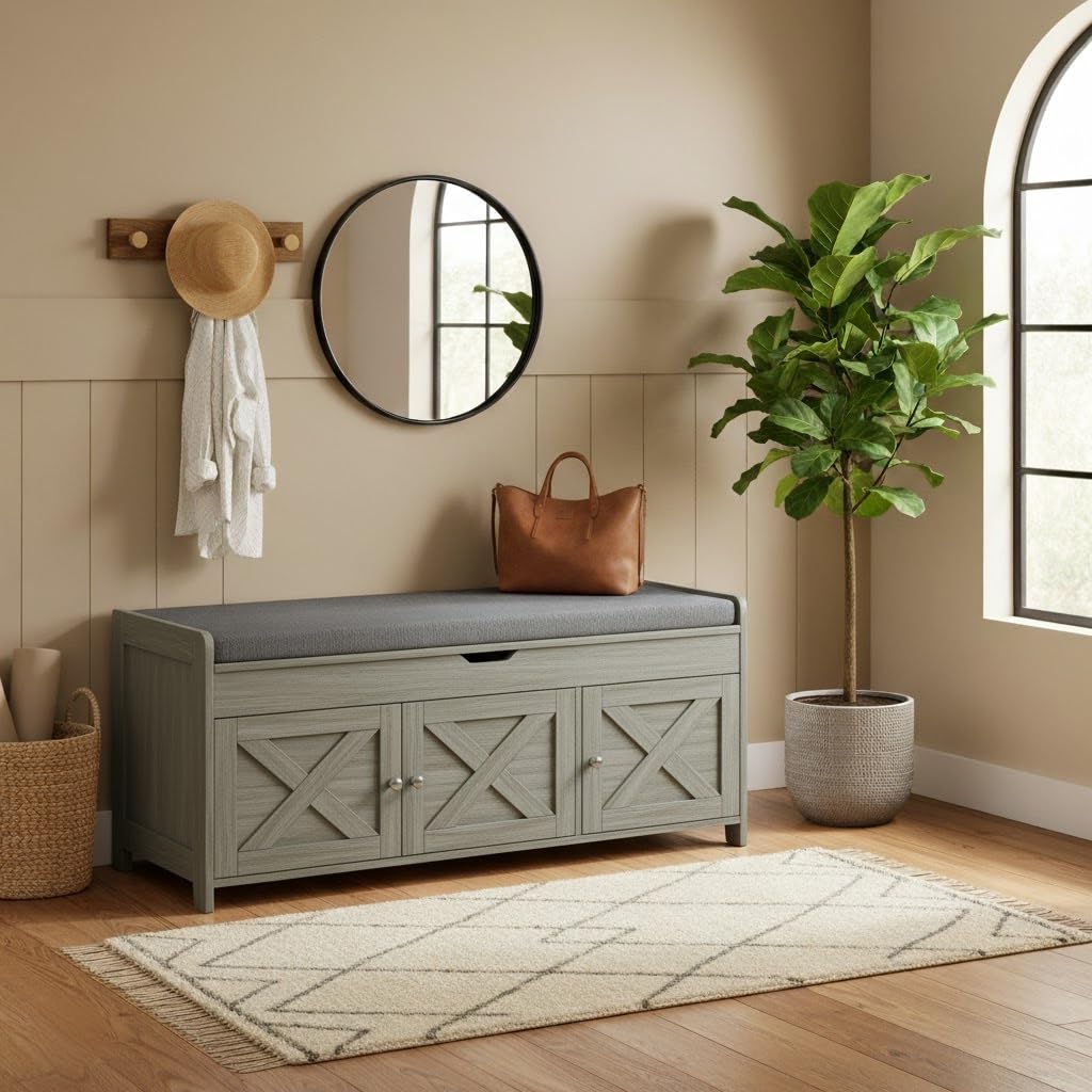 Pipishell Shoe Storage Bench, 2-Tier Shoe Bench with Cushioned Seat, Entryway Bench with Adjustable Shelf & Barn Doors, 300 lbs Capacity, 39.4" x 15"