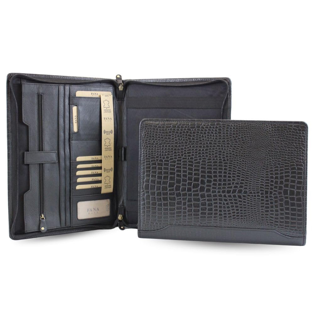 Leder Schreibmappe Croco - Luxus Leder Konferenzmappe mit Reißverschluss - A4 Businessmappe - Geschenk (Schwarz)