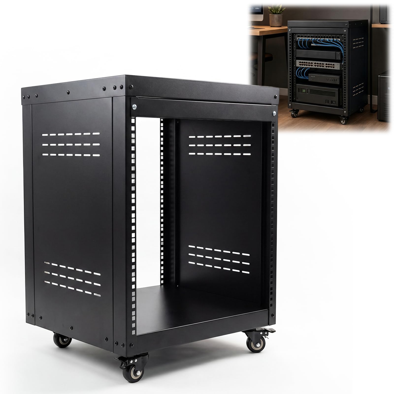 View 1 of 12U AV Rack Stand, 20 x 18.1 x 27.5 in Rack with Casters, 300 lbs capacity