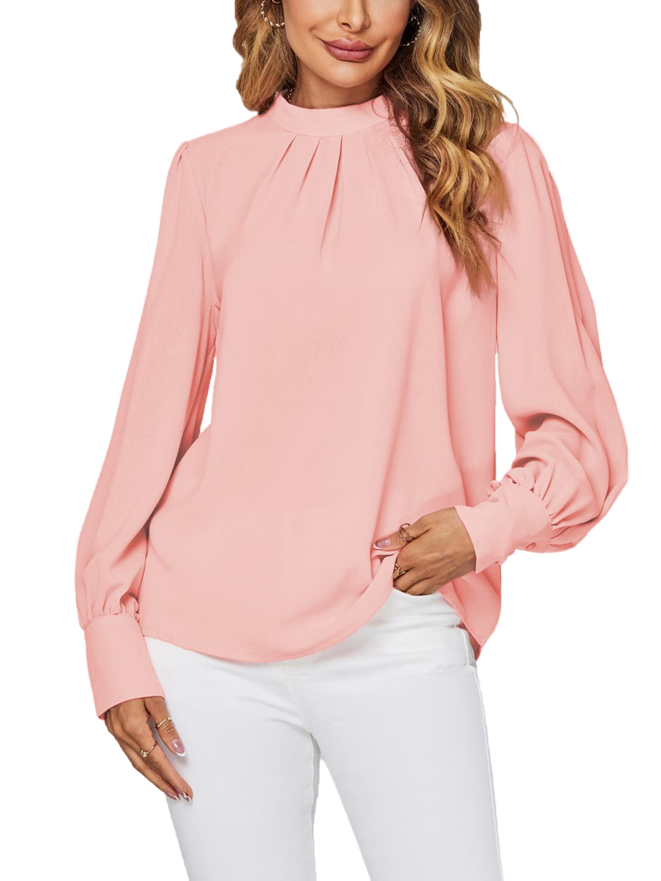 LYANER Women's Mock Neck Pleated Solid Long Sleeve Blouse Office Shirt Top