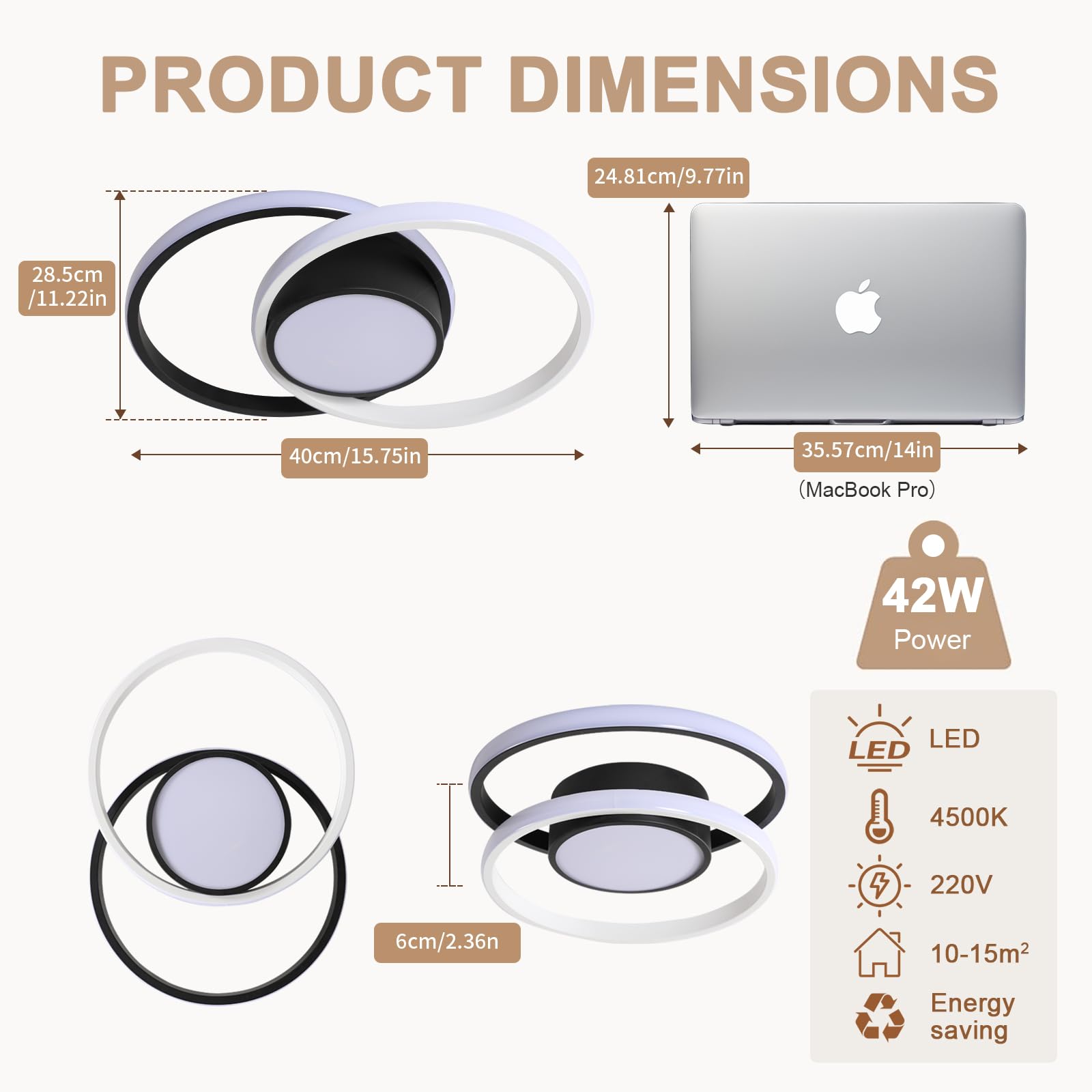 Comely Lampa sufitowa LED, okrągła lampa sufitowa 42W, nowoczesna lampa do przedpokoju, łazienki, kuchni, salonu, naturalne światło 4500K, średnica 40 cm, czarna i biała