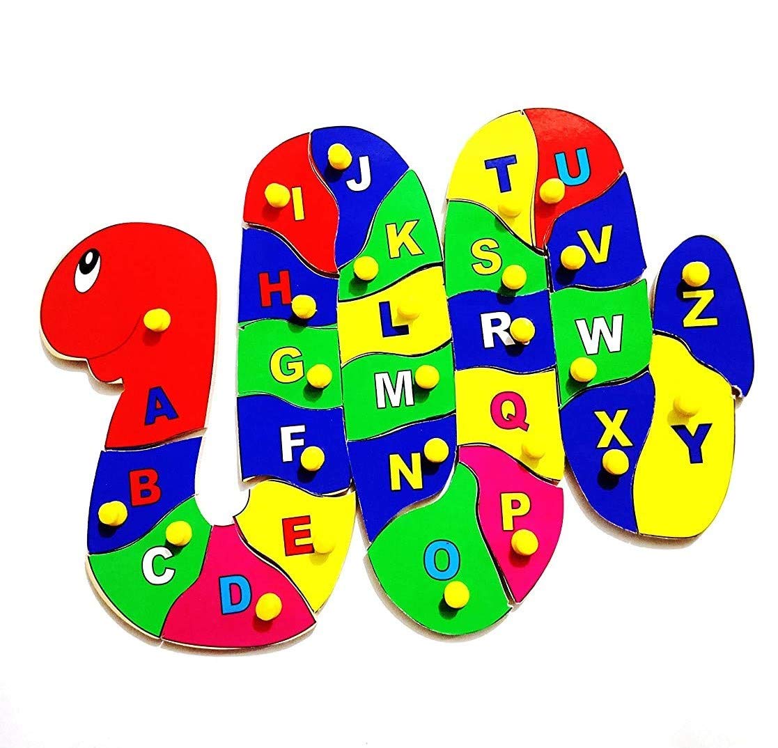 Wooden Colorful Learning Educational Board for Kids with Knobs Puzzle- Perfect pegged Puzzles for Kid Learning Alphabet for Toddler Ages 2+ (ABC Snake Alphabet)