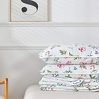 Vista 7 de UOZZI BEDDING - Juego de colcha reversible de 3 piezas tamaño King, color blanco con hojas azules y verdes y flores rojas, suave, de microfibra