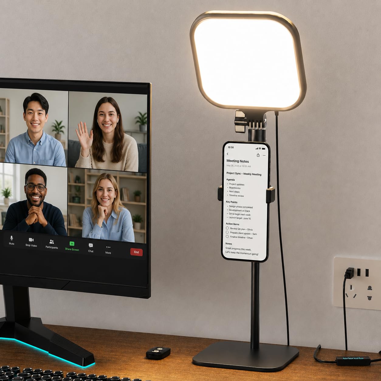 UBeesize Luce per videoconferenza per riunioni zoom, luce dimmerabile per webcam per computer con supporto per telefono, illuminazione da scrivania 3000-6500K per videochiamate, lavoro remoto, podcast