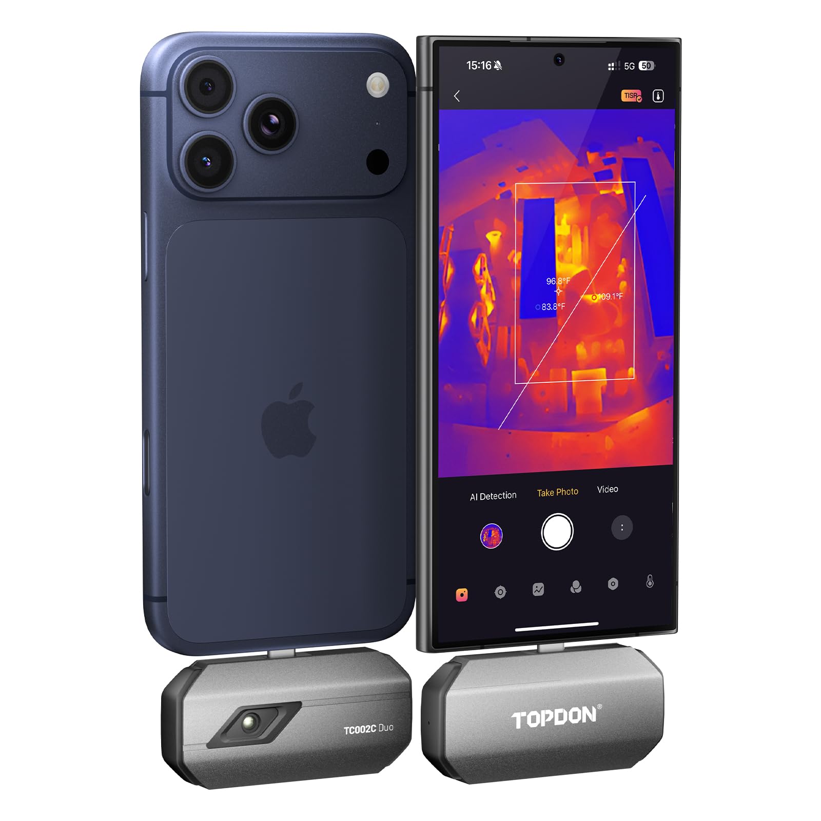 TOPDON Termocamera Professionale TC002C Duo per iPhone/Android, 512x384 Risoluzione TISR, Telecamera Termica da -20℃ a 550℃, Precisione 0.1℃, Frequenza di Aggiornamento 25Hz,40mK