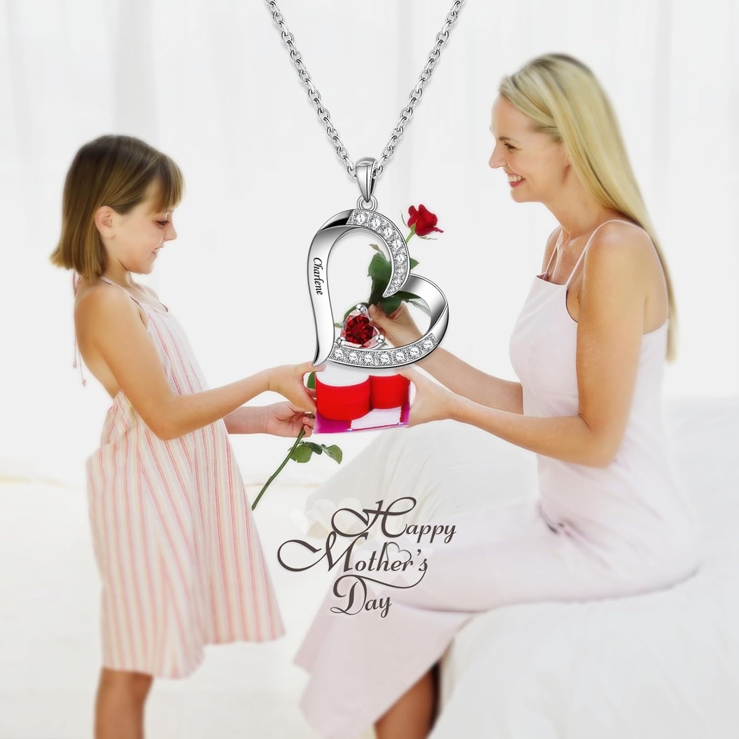 Personalized Mothers Necklace with 1-10 Names, Custom Heart Birthstone Necklaces for Women, Engraved Family Name Necklace for Mother's Day Birthday Christmas