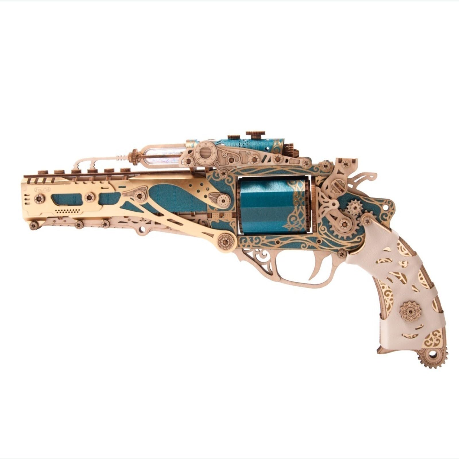 Kit di modellismo meccanico di revolver steampunk, corpo blu giada + accessori tattici + scatola da collezione, set deluxe, giocattolo antistress in legno fai-da-te.