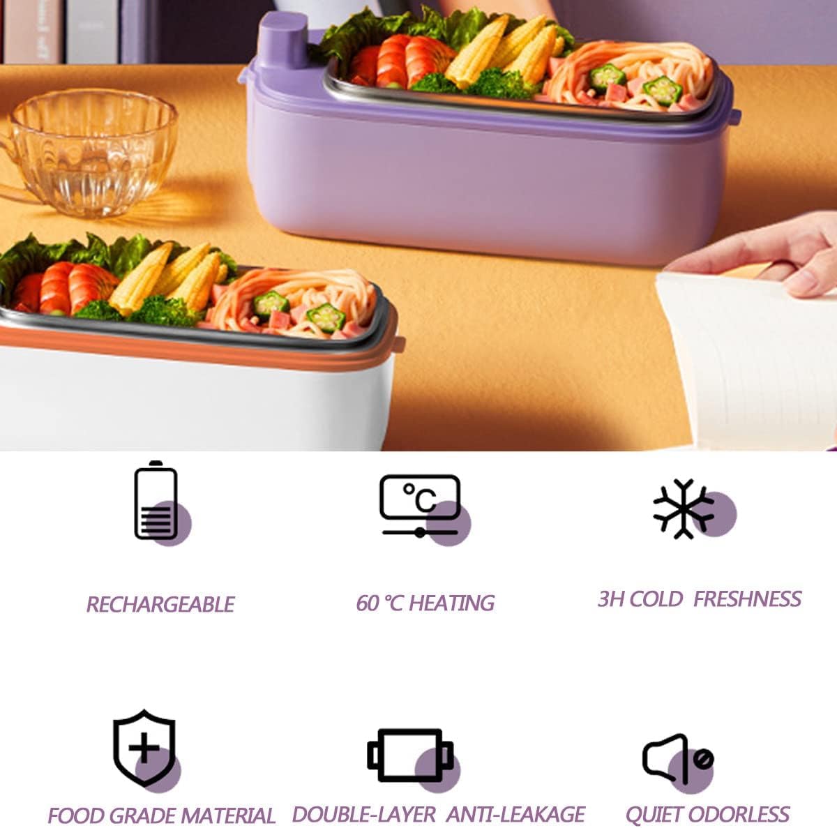 Boîtes Luh Chauffées pour Adultes, Rechargeables sans Eau, Stockage Au Froid Et Fraîcheur 3h, Batterie De Grande Capacité, Chauffe-Aliments Portable en Acier Inoxydable, A