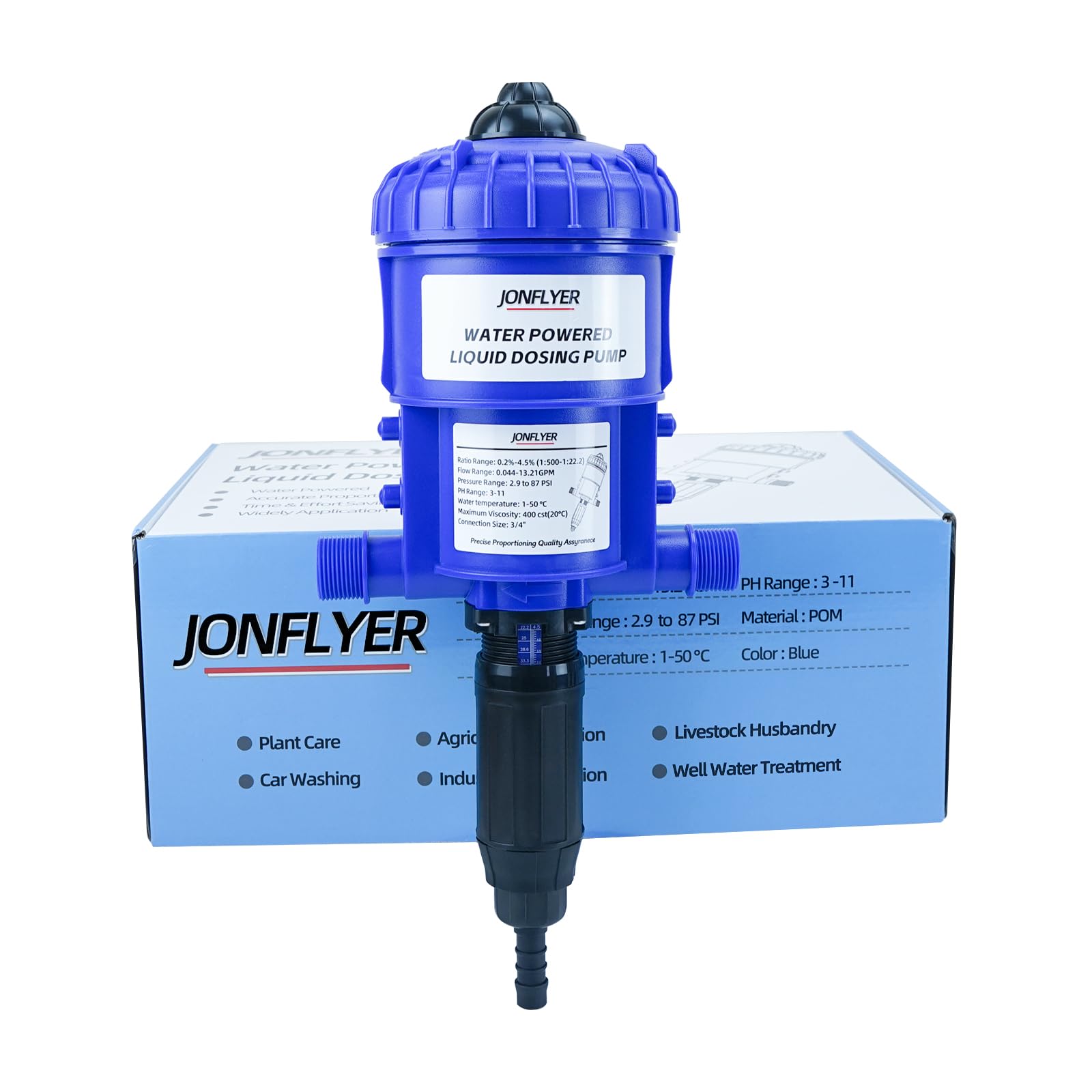 JONFLYER GEN ? 0.2-4.5% Fertilizer Injector Automatic Chemical Liquid Dosing Pump,13.21GPM,POM Housing,Water Powered Liquid Dispenser for Drip Irrigation Garden Greenhouse Livestock Water Well