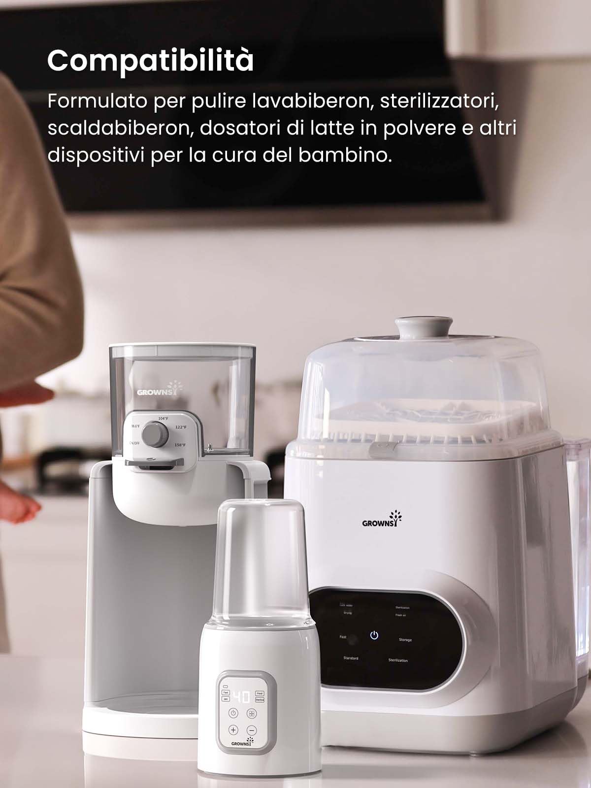 Grownsy Pastiglie Decalcificante 24 Pezzi – Tablette per Lavabiberon, Sterilizzatori e Scaldabiberon, Rimuove Calcare e Residui, Pulizia Rapida e Facile