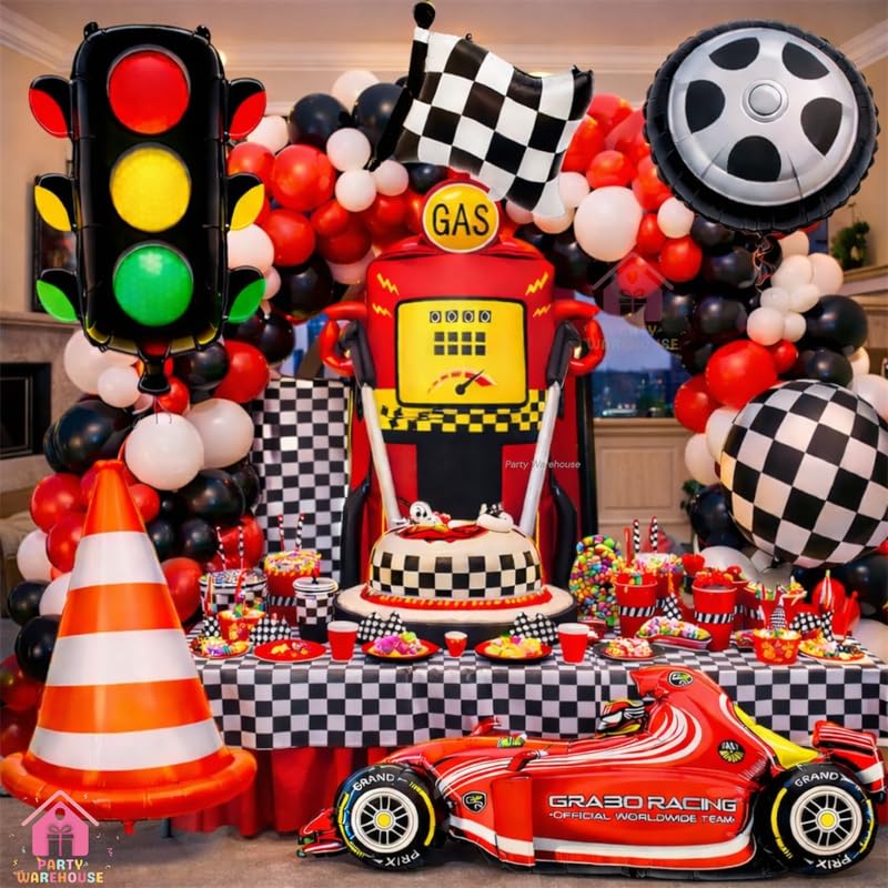 Image of Party Warehouse Racing Car Theme Birthday Decoration Set-XXL Gas Standee Pump Balloon,Car,Traffic Signal,Tyre,Checkered Flag & Cone Foil Balloon|Car Theme Party|Boys Birthday Racing Party Decor-37 Pcs