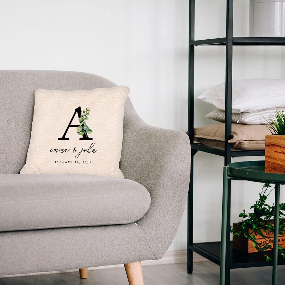 Andaz Press Personalized Decorative Throw Pillow Covers Greenery Monogram Pillowcase Gift for Wedding Couple Anniversary Housewarming Farmhouse Neutral Home Decor Living Room Bedroom 18"x18", 1-Pack